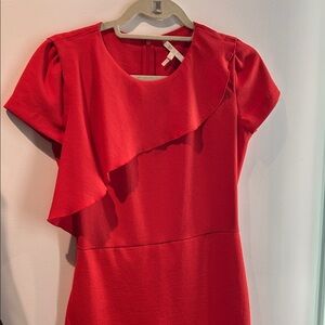 Maje Red Ruffle-Accent Midi Dress